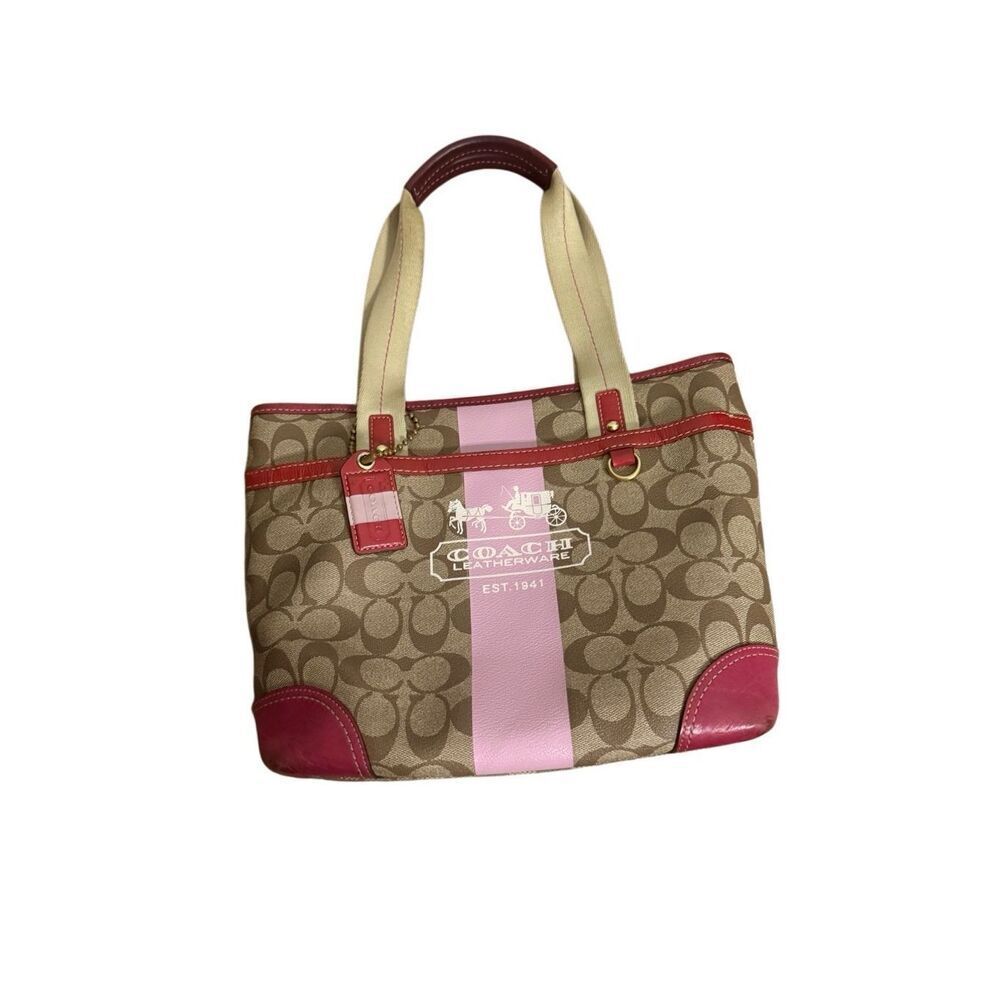 Coach Women's Leatherware Signature Canvas Heritage Shoulder Handbag Tan Pink